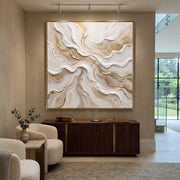 "Alabaster Plaster Tide Relief" - Modern Heavy Impasto Abstract Textured Artwork | White & Gold Palette Knife Painting | Luxury Square Wall Art #Q 374