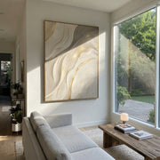 "Gilded Stone Riverbed Relief" - Modern Heavy Impasto Abstract Textured Artwork | White & Gold Palette Knife Painting | Luxury Vertical Wall Art #Q 375