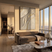 "Gilded Stone Riverbed Relief" - Modern Heavy Impasto Abstract Textured Artwork | White & Gold Palette Knife Painting | Luxury Vertical Wall Art #Q 375