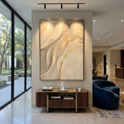 "Gilded Stone Riverbed Relief" - Modern Heavy Impasto Abstract Textured Artwork | White & Gold Palette Knife Painting | Luxury Vertical Wall Art #Q 375