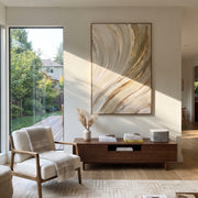 "Cream Gilded Channel Relief" - Modern Heavy Impasto Abstract Textured Artwork | White & Gold Palette Knife Painting | Luxury Vertical Wall Art #Q 376