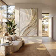 "Cream Gilded Channel Relief" - Modern Heavy Impasto Abstract Textured Artwork | White & Gold Palette Knife Painting | Luxury Vertical Wall Art #Q 376