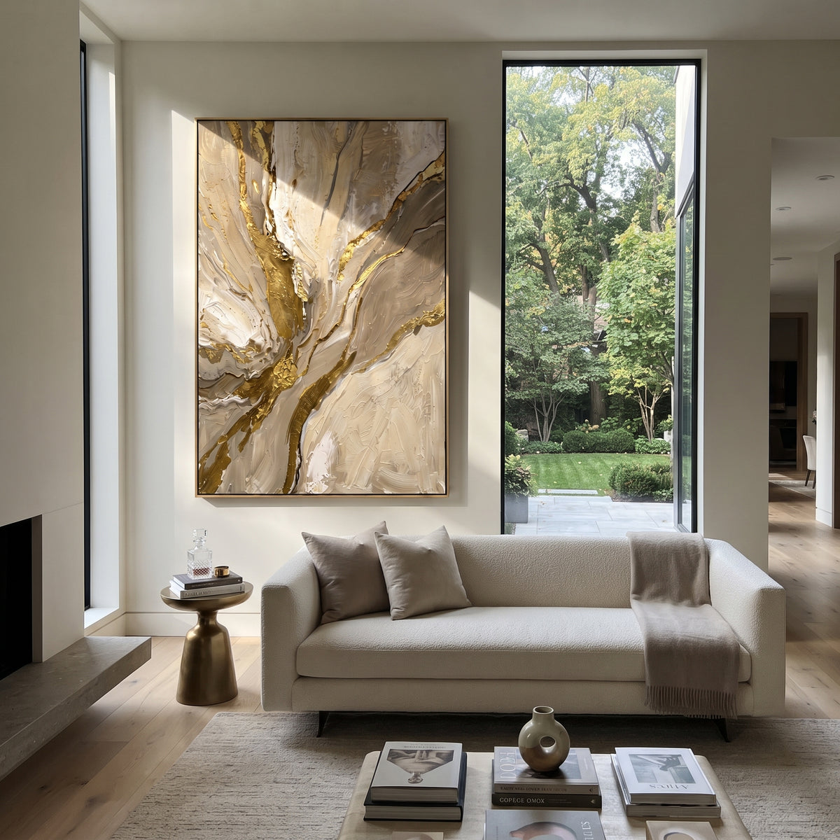 "Soft Sediment Path Relief" - Modern Heavy Impasto Abstract Textured Artwork | White & Gold Palette Knife Painting | Luxury Vertical Wall Art #Q 379