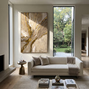 "Soft Sediment Path Relief" - Modern Heavy Impasto Abstract Textured Artwork | White & Gold Palette Knife Painting | Luxury Vertical Wall Art #Q 379
