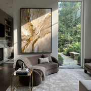 "Soft Sediment Path Relief" - Modern Heavy Impasto Abstract Textured Artwork | White & Gold Palette Knife Painting | Luxury Vertical Wall Art #Q 379