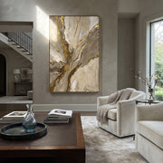 "Soft Sediment Path Relief" - Modern Heavy Impasto Abstract Textured Artwork | White & Gold Palette Knife Painting | Luxury Vertical Wall Art #Q 379