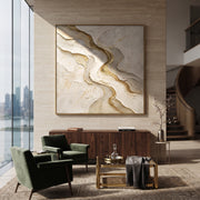 "Quiet Carved Swell Relief" - Modern Heavy Impasto Abstract Textured Artwork | White & Gold Palette Knife Painting | Luxury Square Wall Art #Q 380