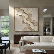 "Quiet Carved Swell Relief" - Modern Heavy Impasto Abstract Textured Artwork | White & Gold Palette Knife Painting | Luxury Square Wall Art #Q 380