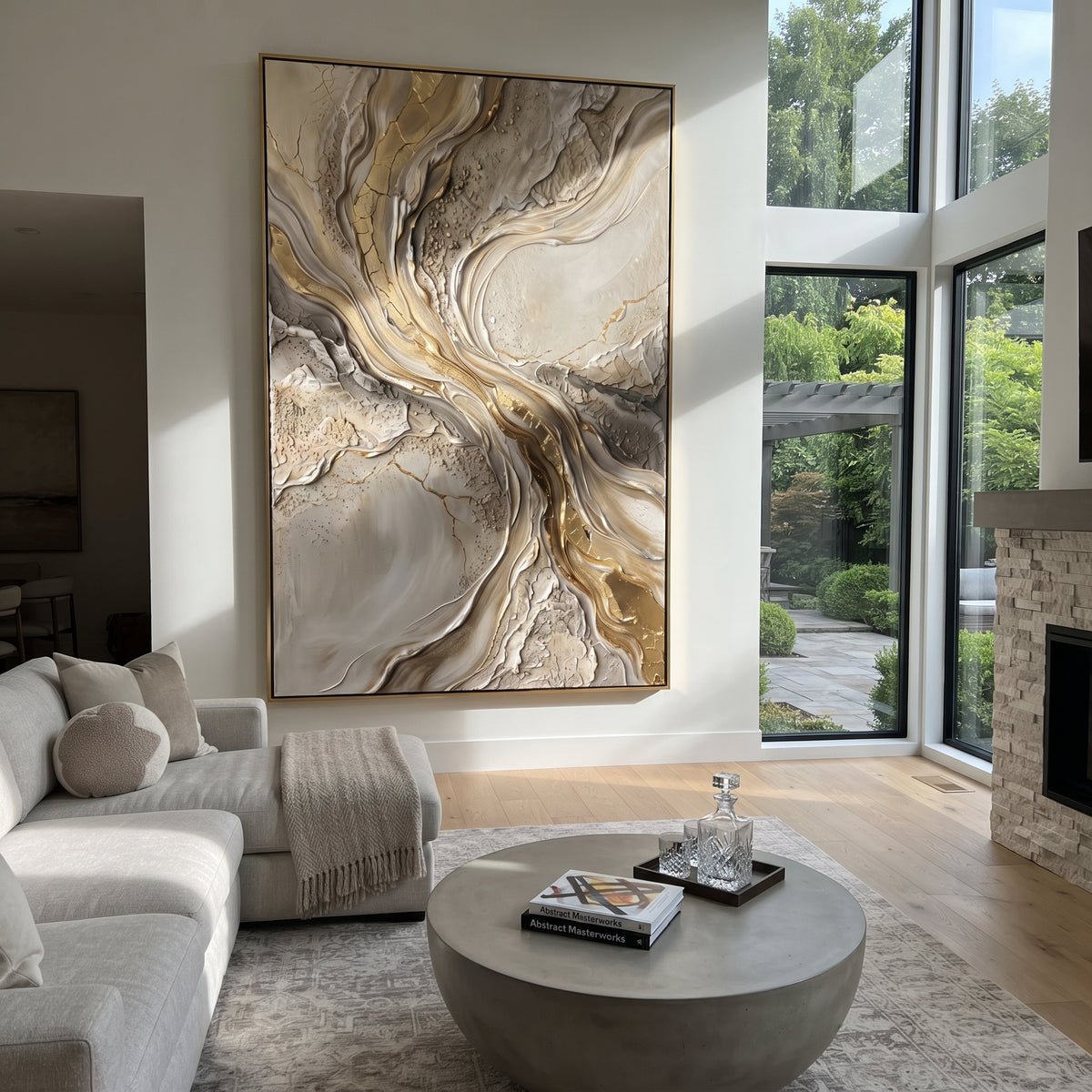 "Warm Mineral Wash Relief" - Modern Heavy Impasto Abstract Textured Artwork | White & Gold Palette Knife Painting | Luxury Vertical Wall Art #Q 381
