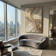 "Warm Mineral Wash Relief" - Modern Heavy Impasto Abstract Textured Artwork | White & Gold Palette Knife Painting | Luxury Vertical Wall Art #Q 381