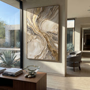 "Warm Mineral Wash Relief" - Modern Heavy Impasto Abstract Textured Artwork | White & Gold Palette Knife Painting | Luxury Vertical Wall Art #Q 381