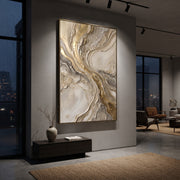 "Warm Mineral Wash Relief" - Modern Heavy Impasto Abstract Textured Artwork | White & Gold Palette Knife Painting | Luxury Vertical Wall Art #Q 381