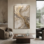 "Warm Mineral Wash Relief" - Modern Heavy Impasto Abstract Textured Artwork | White & Gold Palette Knife Painting | Luxury Vertical Wall Art #Q 381