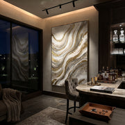 "Pale Raised Mesa Relief" - Modern Heavy Impasto Abstract Textured Artwork | White & Gold Palette Knife Painting | Luxury Vertical Wall Art #Q 382