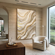 "Pale Raised Mesa Relief" - Modern Heavy Impasto Abstract Textured Artwork | White & Gold Palette Knife Painting | Luxury Vertical Wall Art #Q 382