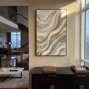 "Pale Raised Mesa Relief" - Modern Heavy Impasto Abstract Textured Artwork | White & Gold Palette Knife Painting | Luxury Vertical Wall Art #Q 382