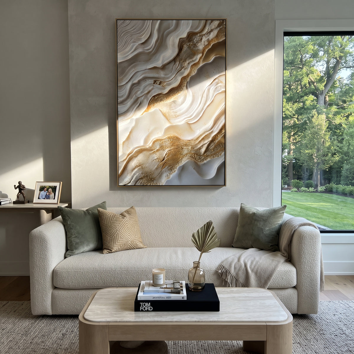 "Desert Ivory Fault Relief" - Modern Heavy Impasto Abstract Textured Artwork | White & Gold Palette Knife Painting | Luxury Vertical Wall Art #Q 383