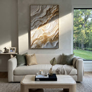 "Desert Ivory Fault Relief" - Modern Heavy Impasto Abstract Textured Artwork | White & Gold Palette Knife Painting | Luxury Vertical Wall Art #Q 383