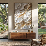 "Desert Ivory Fault Relief" - Modern Heavy Impasto Abstract Textured Artwork | White & Gold Palette Knife Painting | Luxury Vertical Wall Art #Q 383