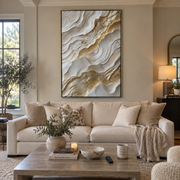 "Desert Ivory Fault Relief" - Modern Heavy Impasto Abstract Textured Artwork | White & Gold Palette Knife Painting | Luxury Vertical Wall Art #Q 383