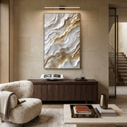 "Desert Ivory Fault Relief" - Modern Heavy Impasto Abstract Textured Artwork | White & Gold Palette Knife Painting | Luxury Vertical Wall Art #Q 383