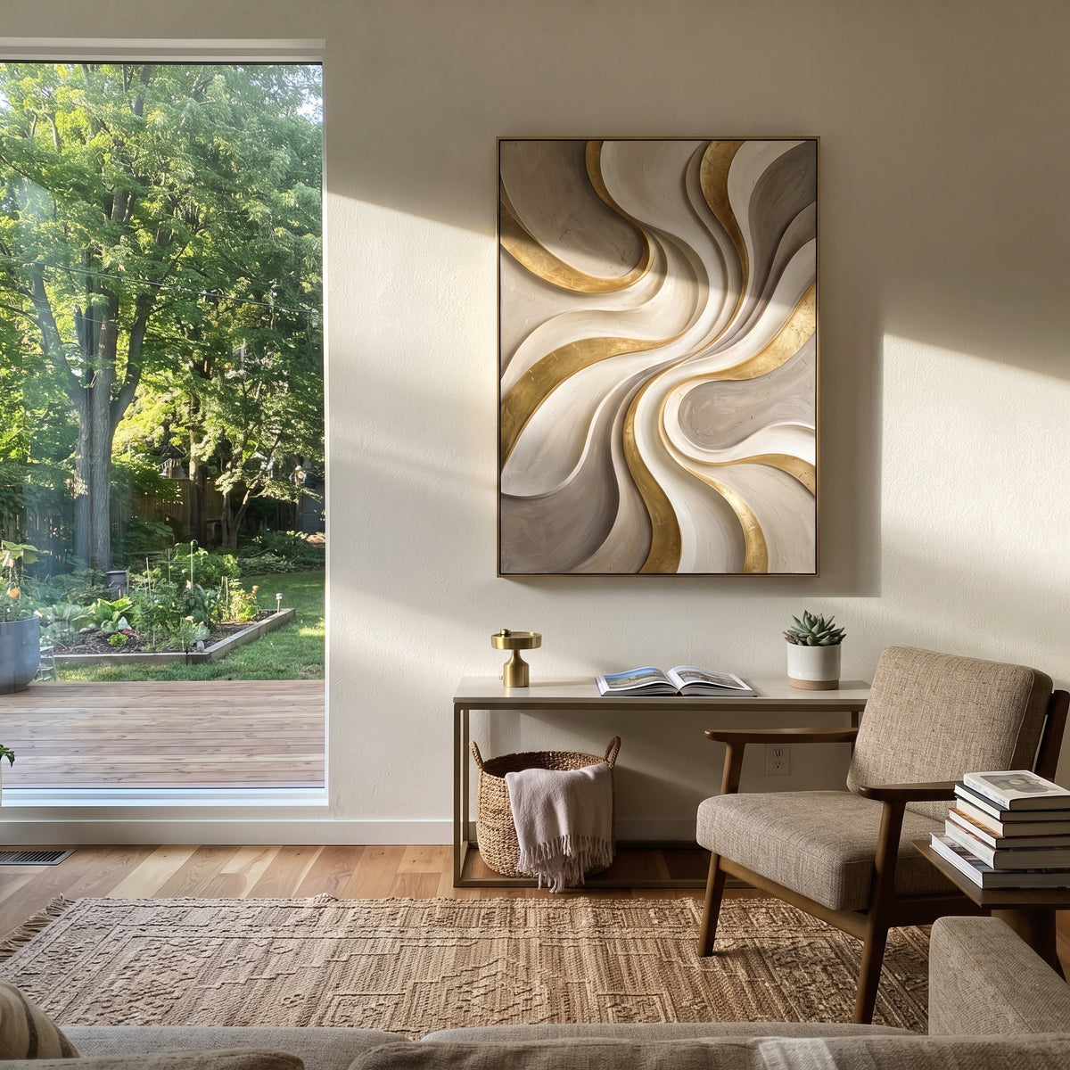 "Silk Terrace Field Relief" - Modern Heavy Impasto Abstract Textured Artwork | White & Gold Palette Knife Painting | Luxury Vertical Wall Art #Q 384