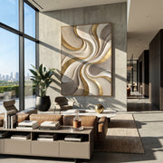 "Silk Terrace Field Relief" - Modern Heavy Impasto Abstract Textured Artwork | White & Gold Palette Knife Painting | Luxury Vertical Wall Art #Q 384