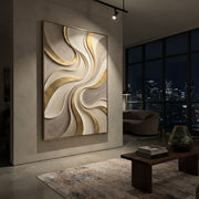 "Silk Terrace Field Relief" - Modern Heavy Impasto Abstract Textured Artwork | White & Gold Palette Knife Painting | Luxury Vertical Wall Art #Q 384