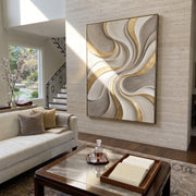 "Silk Terrace Field Relief" - Modern Heavy Impasto Abstract Textured Artwork | White & Gold Palette Knife Painting | Luxury Vertical Wall Art #Q 384