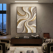 "Silk Terrace Field Relief" - Modern Heavy Impasto Abstract Textured Artwork | White & Gold Palette Knife Painting | Luxury Vertical Wall Art #Q 384