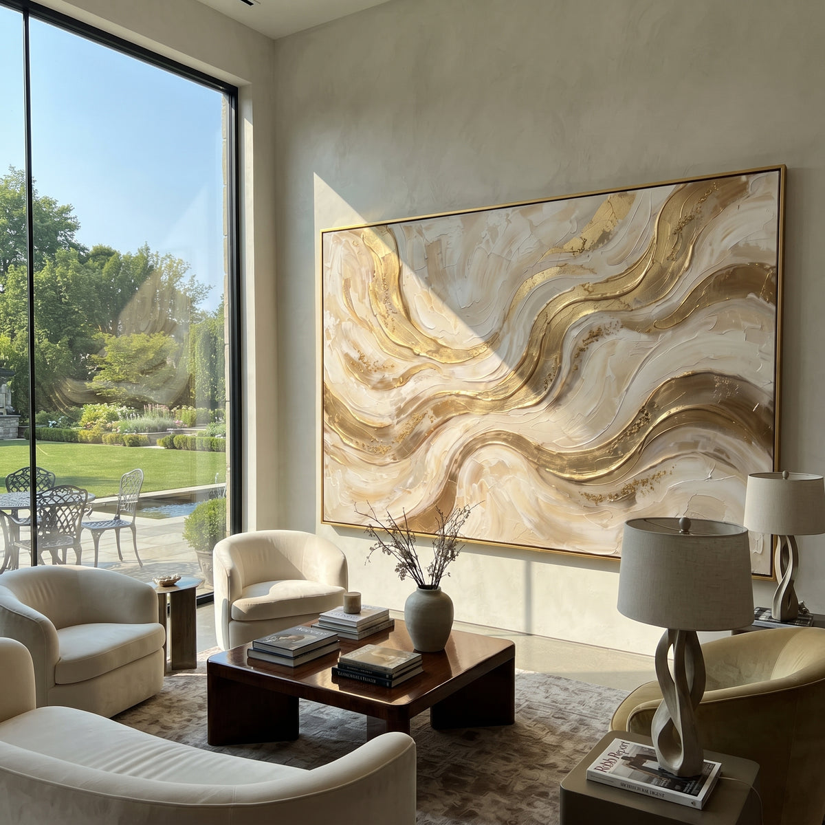 "Moonlit Feather Current Relief" - Modern Heavy Impasto Abstract Textured Artwork | White & Gold Palette Knife Painting | Luxury Horizontal Wall Art #Q 385