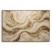 "Moonlit Feather Current Relief" - Modern Heavy Impasto Abstract Textured Artwork | White & Gold Palette Knife Painting | Luxury Horizontal Wall Art #Q 385