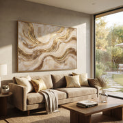 "Moonlit Feather Current Relief" - Modern Heavy Impasto Abstract Textured Artwork | White & Gold Palette Knife Painting | Luxury Horizontal Wall Art #Q 385
