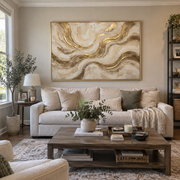 "Moonlit Feather Current Relief" - Modern Heavy Impasto Abstract Textured Artwork | White & Gold Palette Knife Painting | Luxury Horizontal Wall Art #Q 385