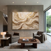 "Moonlit Feather Current Relief" - Modern Heavy Impasto Abstract Textured Artwork | White & Gold Palette Knife Painting | Luxury Horizontal Wall Art #Q 385