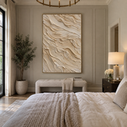 "Clay Layered Shore Relief" - Modern Heavy Impasto Abstract Textured Artwork | White & Beige Palette Knife Painting | Luxury Vertical Wall Art #Q 386