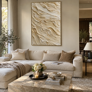 "Clay Layered Shore Relief" - Modern Heavy Impasto Abstract Textured Artwork | White & Beige Palette Knife Painting | Luxury Vertical Wall Art #Q 386