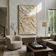 "Clay Layered Shore Relief" - Modern Heavy Impasto Abstract Textured Artwork | White & Beige Palette Knife Painting | Luxury Vertical Wall Art #Q 386