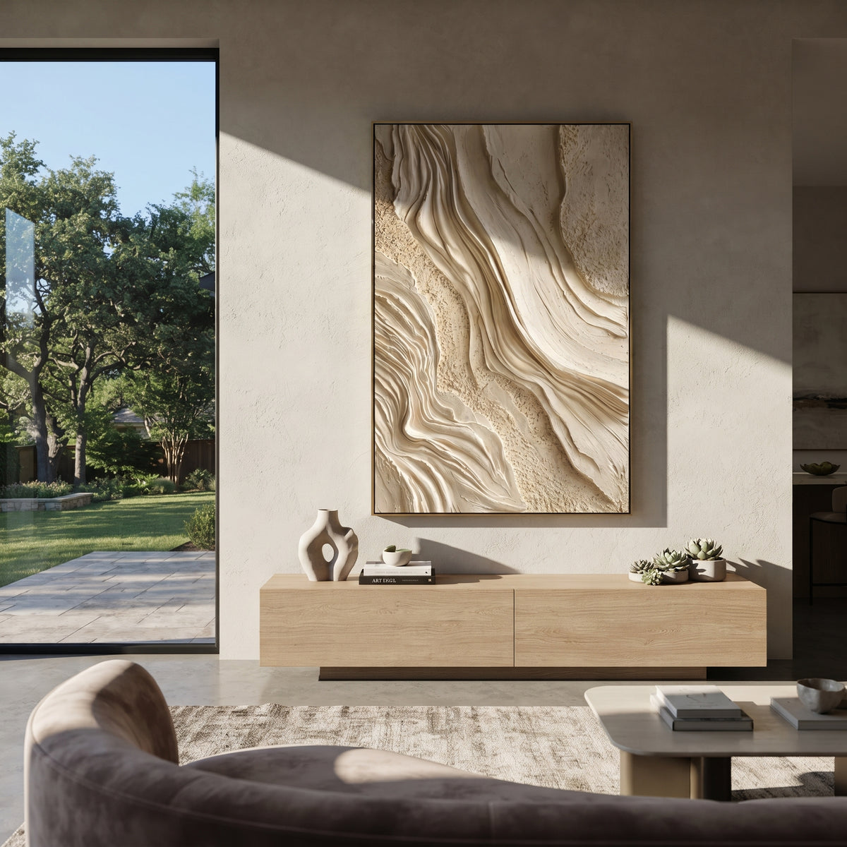 "Shell Soft Ravine Relief" - Modern Heavy Impasto Abstract Textured Artwork | White & Beige Palette Knife Painting | Luxury Vertical Wall Art #Q 387