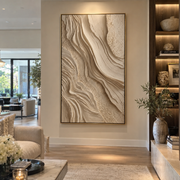 "Shell Soft Ravine Relief" - Modern Heavy Impasto Abstract Textured Artwork | White & Beige Palette Knife Painting | Luxury Vertical Wall Art #Q 387