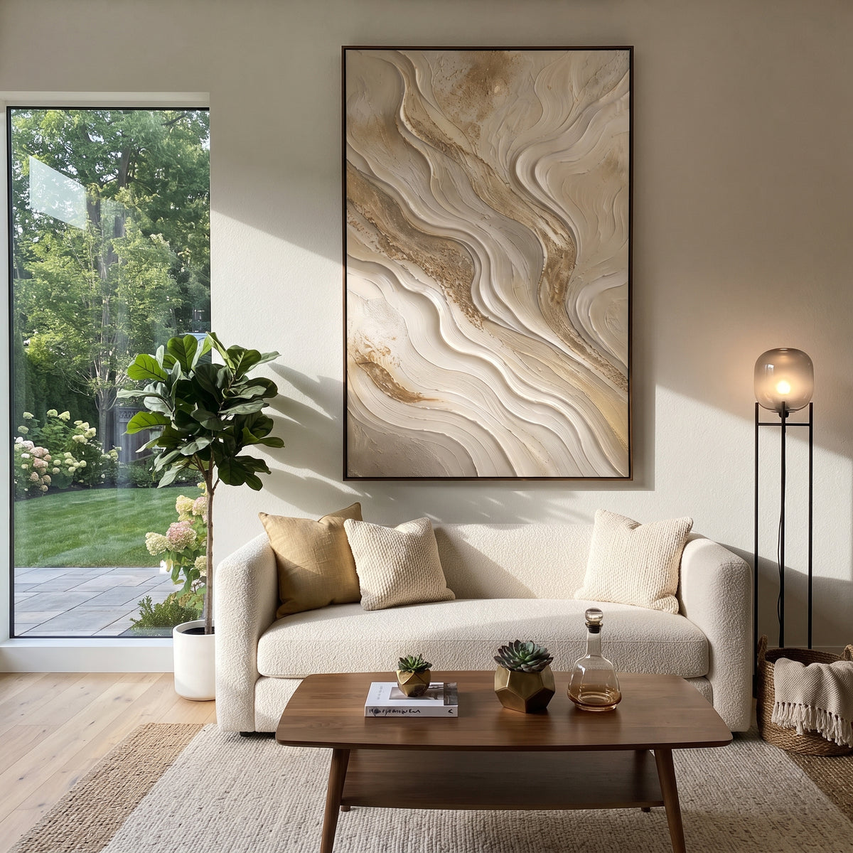 "Stone Golden Trace Relief" - Modern Heavy Impasto Abstract Textured Artwork | White & Beige Palette Knife Painting | Luxury Vertical Wall Art #Q 388