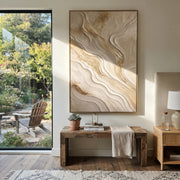 "Stone Golden Trace Relief" - Modern Heavy Impasto Abstract Textured Artwork | White & Beige Palette Knife Painting | Luxury Vertical Wall Art #Q 388