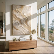 "Stone Golden Trace Relief" - Modern Heavy Impasto Abstract Textured Artwork | White & Beige Palette Knife Painting | Luxury Vertical Wall Art #Q 388
