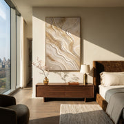 "Stone Golden Trace Relief" - Modern Heavy Impasto Abstract Textured Artwork | White & Beige Palette Knife Painting | Luxury Vertical Wall Art #Q 388