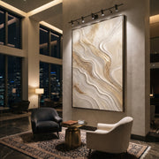 "Stone Golden Trace Relief" - Modern Heavy Impasto Abstract Textured Artwork | White & Beige Palette Knife Painting | Luxury Vertical Wall Art #Q 388