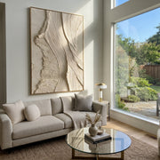"Amber Folded Stream Relief" - Modern Heavy Impasto Abstract Textured Artwork | White & Beige Palette Knife Painting | Luxury Vertical Wall Art #Q 389