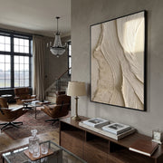 "Amber Folded Stream Relief" - Modern Heavy Impasto Abstract Textured Artwork | White & Beige Palette Knife Painting | Luxury Vertical Wall Art #Q 389