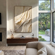 "Mist Canyon Veil Relief" - Modern Heavy Impasto Abstract Textured Artwork | White & Beige Palette Knife Painting | Luxury Vertical Wall Art #Q 390