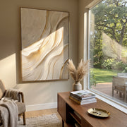 "Mist Canyon Veil Relief" - Modern Heavy Impasto Abstract Textured Artwork | White & Beige Palette Knife Painting | Luxury Vertical Wall Art #Q 390