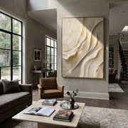 "Mist Canyon Veil Relief" - Modern Heavy Impasto Abstract Textured Artwork | White & Beige Palette Knife Painting | Luxury Vertical Wall Art #Q 390